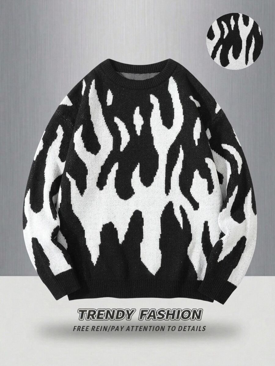 Chillumni Men's Autumn/Winter Dropped Shoulder Long Sleeve Crew Neck Sweater, Flame Pattern Knit Pullover, Loose Fit, Dual-Color Jacquard Halloween Holiday - Black and White - View 1