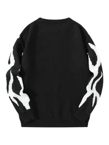 Chillumni Men's Autumn/Winter Dropped Shoulder Long Sleeve Crew Neck Sweater, Flame Pattern Knit Pullover, Loose Fit, Dual-Color Jacquard Halloween Holiday - Black and White - View 2