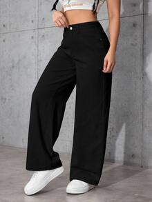 SHEIN PETITE 女款純色前開扣口袋簡約休閒牛仔褲，日常穿著，適合嬌小女性 - 黑色 - 查看 3