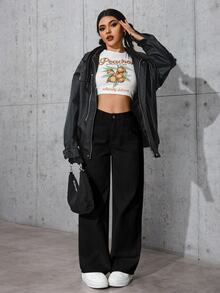 SHEIN PETITE 女款純色前開扣口袋簡約休閒牛仔褲，日常穿著，適合嬌小女性 - 黑色 - 查看 4
