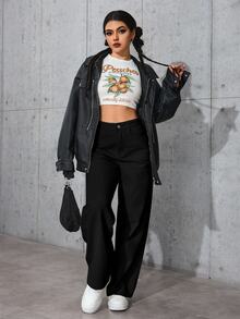 SHEIN PETITE 女款純色前開扣口袋簡約休閒牛仔褲，日常穿著，適合嬌小女性 - 黑色 - 查看 6