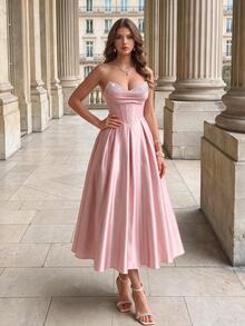 Poshira Women's Sequin Patchwork Satin Front Panel Beaded Cocktail Dress - Baby Pink - View 5