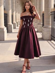 Modelyn Women's Off Shoulder Rhinestone Decorated Pleated Elegant Waist-Cinching Ball Gown Dress - Burgundy - View 5