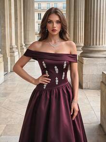 Modelyn Women's Off Shoulder Rhinestone Decorated Pleated Elegant Waist-Cinching Ball Gown Dress - Burgundy - View 6