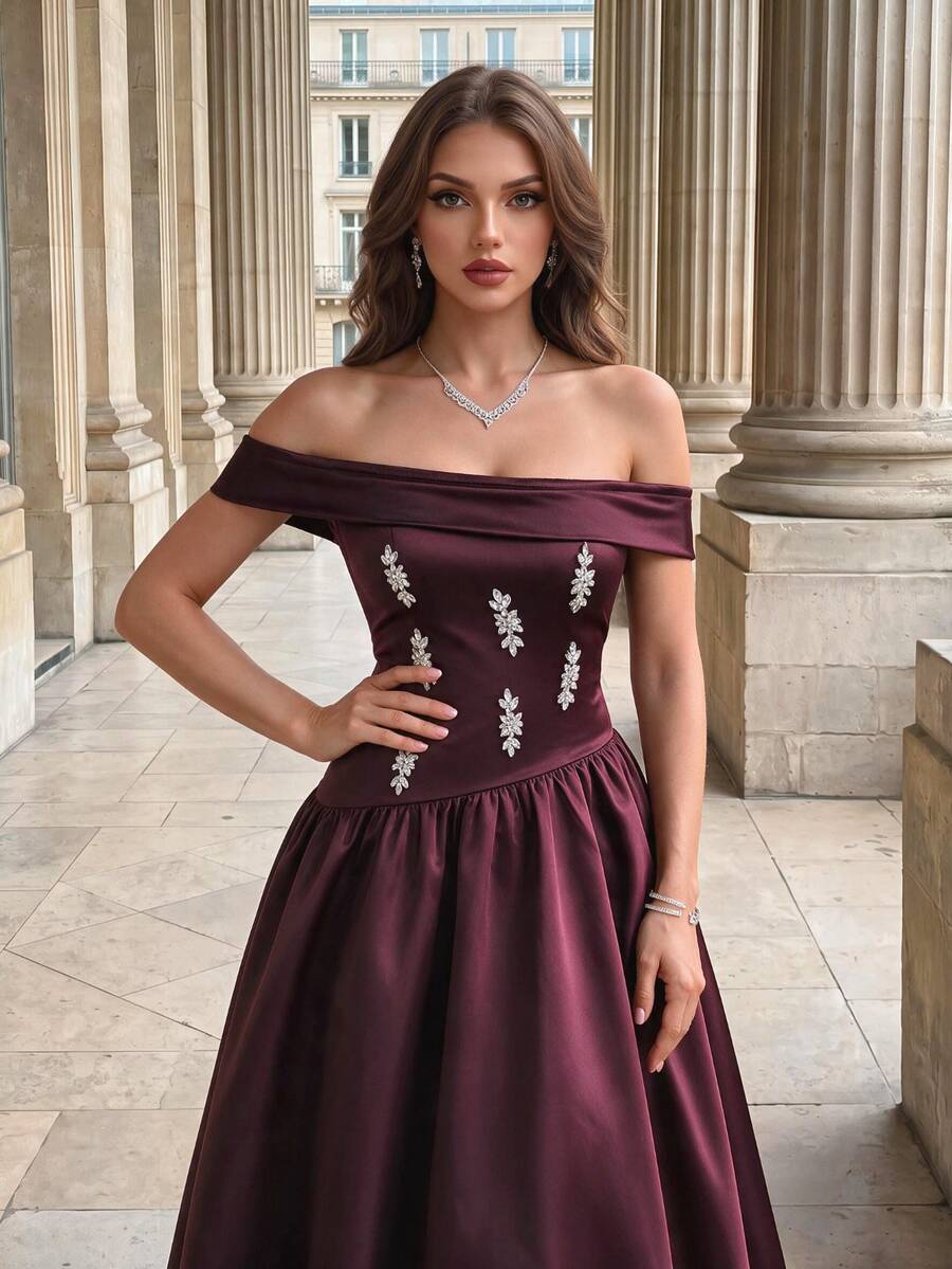 Modelyn 女款露肩水鑽裝飾百褶優雅女王收腰大禮服婚禮正式派對深紅色冬季