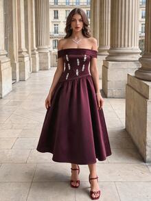 Modelyn Women's Off Shoulder Rhinestone Decorated Pleated Elegant Waist-Cinching Ball Gown Dress - Burgundy - View 7