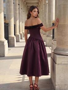 Modelyn Women's Off Shoulder Rhinestone Decorated Pleated Elegant Waist-Cinching Ball Gown Dress - Burgundy - View 3