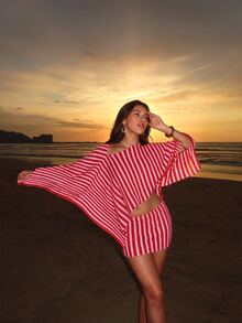 SHEIN Swim Swim Chiccia 女款 2 件組 Y2K 性感寬鬆露肩長袖短版上衣與緊身低腰迷你裙，新款跨境優雅波希米亞復古條紋蝙蝠袖泳裝罩衫套裝，適合度假、休閒約會、春夏派對的夏季海灘穿搭 - 彩色 - 查看 5