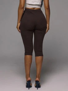 MUSERA ESSENTIALS Cotton Blended Fitted Capri Pants Leggings Spring Summer Holiday Everyday Cute Daily Basics Simple - Coffee Brown - View 4