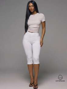 MUSERA ESSENTIALS Cotton Blended Fitted Capri Pants Leggings Spring Summer Holiday Everyday Cute Daily Basics Simple - White - View 2
