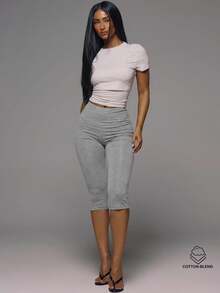 MUSERA ESSENTIALS Cotton Blended Fitted Capri Pants Leggings Spring Summer Holiday Everyday Cute Daily Basics Simple - Grey - View 2