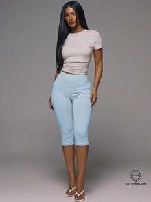 MUSERA ESSENTIALS Cotton Blended Fitted Capri Pants Leggings Spring Summer Holiday Everyday Cute Daily Basics Simple - Baby Blue - View 2