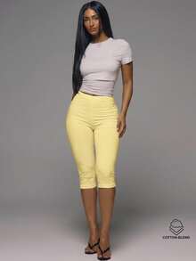 MUSERA ESSENTIALS Cotton Blended Fitted Capri Pants Leggings Spring Summer Holiday Everyday Cute Daily Basics Simple - Yellow - View 2