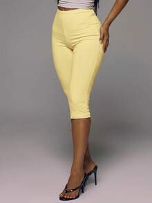 MUSERA ESSENTIALS Cotton Blended Fitted Capri Pants Leggings Spring Summer Holiday Everyday Cute Daily Basics Simple - Yellow - View 3