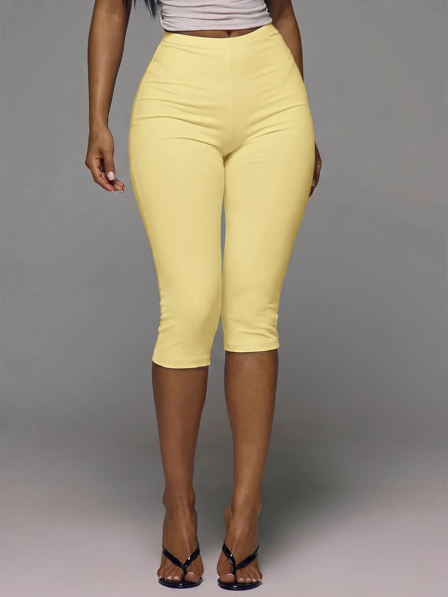 MUSERA ESSENTIALS Cotton Blended Fitted Capri Pants Leggings Spring Summer Holiday Everyday Cute Daily Basics Simple - Yellow - View 1