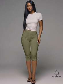 MUSERA ESSENTIALS Cotton Blended Fitted Capri Pants Leggings Spring Summer Holiday Everyday Cute Daily Basics Simple - Army Green - View 2