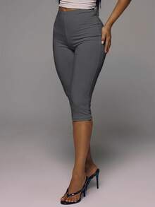 MUSERA ESSENTIALS Cotton Blended Fitted Capri Pants Leggings Spring Summer Holiday Everyday Cute Daily Basics Simple - Dark Grey - View 3