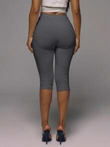 MUSERA ESSENTIALS Cotton Blended Fitted Capri Pants Leggings Spring Summer Holiday Everyday Cute Daily Basics Simple - Dark Grey - View 4