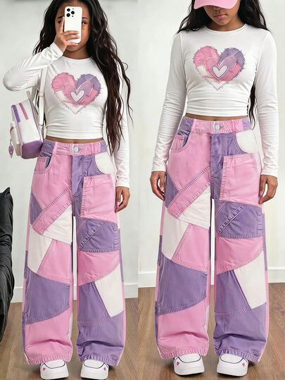 SHEIN Sparklyn Tween Girls' Casual Comfortable Slim Fit Long Sleeve T-Shirt And Comfortable Elastic Waist Wide Leg Loose Pants 2 Pieces Set, Fall, Back To School