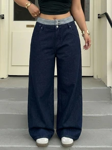 REIGN AVE Plus Size Women Casual Loose Straight Leg Color Block Waist Decorated Denim Jeans, All Season - Dark Wash - View 6