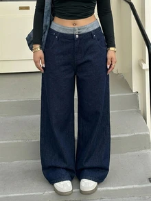 REIGN AVE Plus Size Women Casual Loose Straight Leg Color Block Waist Decorated Denim Jeans, All Season - Dark Wash - View 9