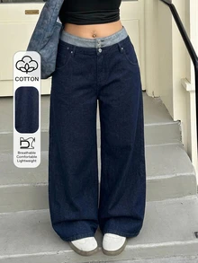 REIGN AVE Plus Size Women Casual Loose Straight Leg Color Block Waist Decorated Denim Jeans, All Season - Dark Wash - View 1