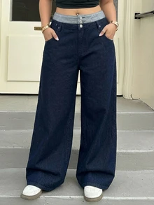 REIGN AVE Plus Size Women Casual Loose Straight Leg Color Block Waist Decorated Denim Jeans, All Season - Dark Wash - View 5