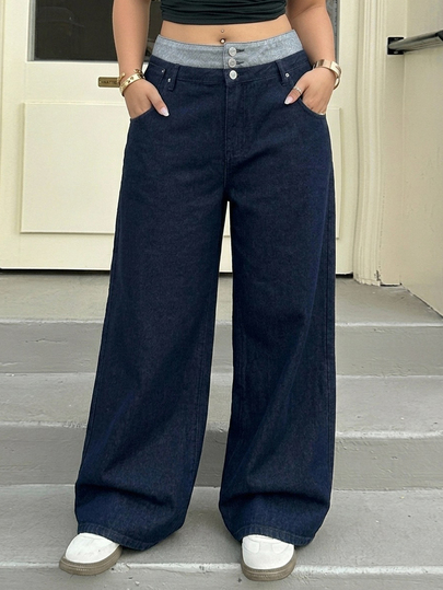 REIGN AVE Plus Size Women Casual Loose Straight Leg Color Block Waist Decorated Denim Jeans, All Season