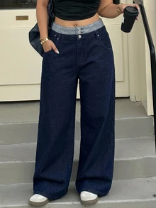 REIGN AVE Plus Size Women Casual Loose Straight Leg Color Block Waist Decorated Denim Jeans, All Season - Dark Wash - View 3