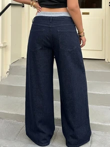 REIGN AVE Plus Size Women Casual Loose Straight Leg Color Block Waist Decorated Denim Jeans, All Season - Dark Wash - View 2