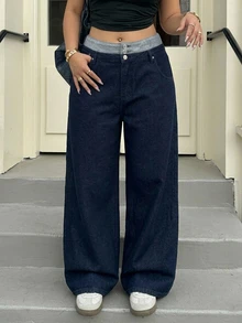 REIGN AVE Plus Size Women Casual Loose Straight Leg Color Block Waist Decorated Denim Jeans, All Season - Dark Wash - View 8