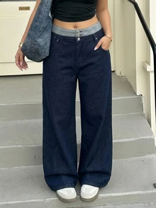 REIGN AVE Plus Size Women Casual Loose Straight Leg Color Block Waist Decorated Denim Jeans, All Season - Dark Wash - View 7