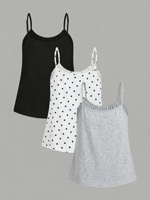 SHEIN EZwear 3件套女士褶皱宽松吊带背心，可调节肩带，适合春夏穿着 - 彩色 - 查看 2