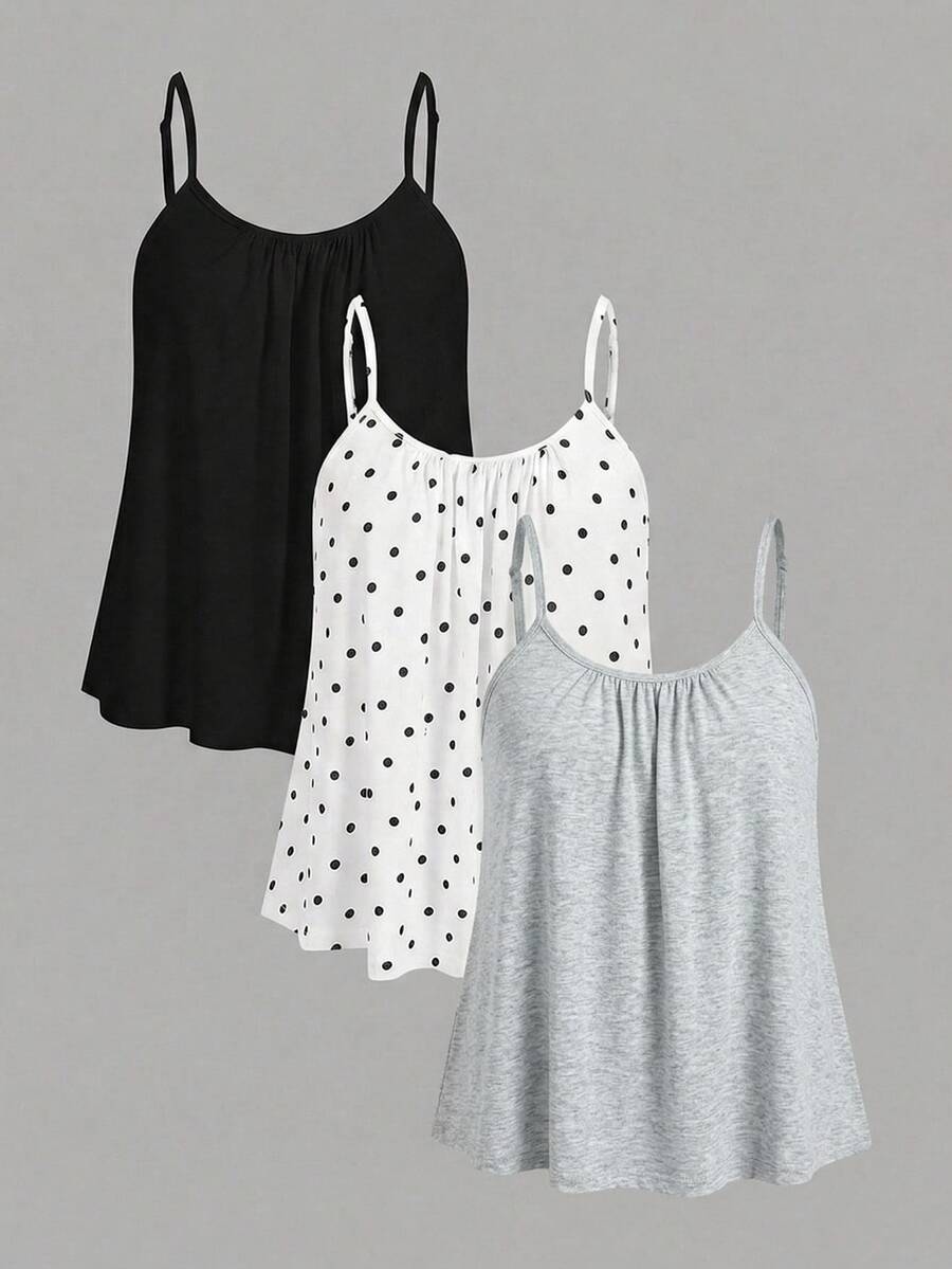 SHEIN EZwear 3件套女士褶皱宽松吊带背心,可调节肩带,适合春夏穿着 - 彩色 - 查看 1