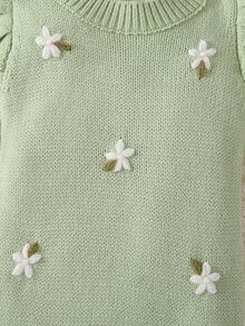 SHEIN 女嬰針織連身毛衣連褲褲，圓領套頭長袖羅馬式連身衣，附襪子與足套，舒適適合秋冬，荷葉邊袖口，可愛俏皮時尚，手工刺繡花卉設計，優雅淑女風，深綠色，適合日常穿著與外出 - 綠色 - 查看 8