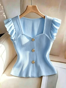 GlowEve Women's Textured Fabric T-Shirt With Flutter Sleeves, Vacation For Ladies Summer Beach Holiday Summer Tops - Blue - View 6