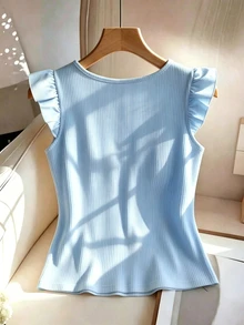 GlowEve Women's Textured Fabric T-Shirt With Flutter Sleeves, Vacation For Ladies Summer Beach Holiday Summer Tops - Blue - View 2