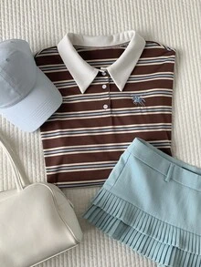 Comfortcana 女款 Polo 領條紋刺繡 T-shirt 咖啡色上衣 - 彩色 - 查看 7