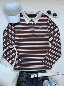 Comfortcana 女款 Polo 領條紋刺繡 T-shirt 咖啡色上衣 - 彩色 - 查看 4