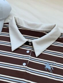 Comfortcana 女款 Polo 領條紋刺繡 T-shirt 咖啡色上衣 - 彩色 - 查看 6