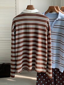 Comfortcana 女款 Polo 領條紋刺繡 T-shirt 咖啡色上衣 - 彩色 - 查看 2