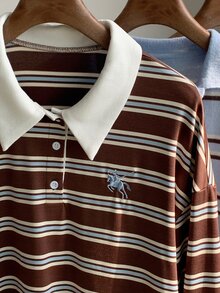Comfortcana 女款 Polo 領條紋刺繡 T-shirt 咖啡色上衣 - 彩色 - 查看 3