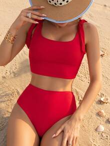 SHEIN Swim 2pcs Solid Color Tie Strap Simple Fashion Casual Everyday Crop Tank Top & Bottom Set Summer - Red - View 5