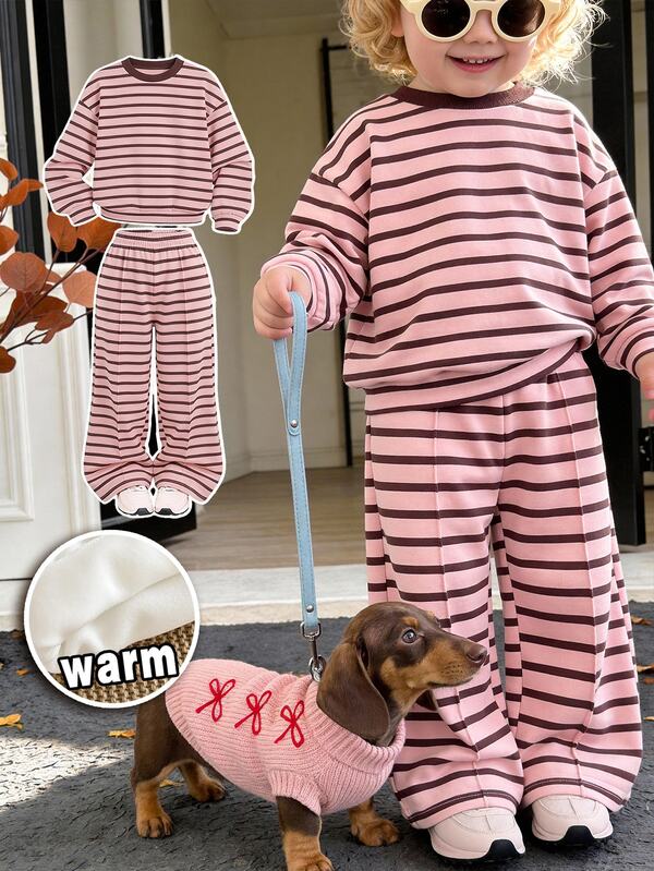 Vintage Sweet Maillard Brown & Pink Color Block Sporty Striped, Parent-Child Outfit, Baby Girl Casual Soft Thick Long Sleeve Crew Neck Pullover Sweatshirt & Wide Leg Pants Set, Suitable For Autumn/Winter, Street Vintage Style, Easy & Comfortable, Children's Autumn Layering, Y2K, Sportswear, Outing, Street Photography, Chill