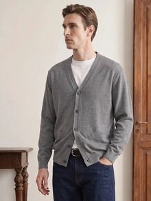 Manfinity Homme 男士抓絨內裡V領鈕扣針織開襟毛衣 素色長袖附口袋 休閒日常穿著 秋冬款 - 灰色 - 查看 5