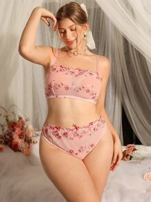DelicateAllure 2pcs Pink Embroidered Sheer Floral Pattern Romantic Pastoral Plus Size Lingerie Set - Pink - View 5