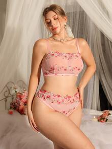 DelicateAllure 2pcs Pink Embroidered Sheer Floral Pattern Romantic Pastoral Plus Size Lingerie Set - Pink - View 1