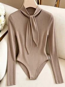 QUELARIE New Women's Ribbon Half-High Neck Inner Shirt, Slim Fit Knit Long Sleeve Base Layer, Sexy Innerwear, Slimming Tight-Fitting Inner Shirt, Versatile For Commuting, Autumn/Winter - Khaki - View 3