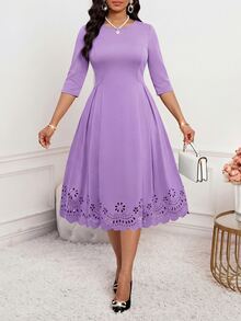 SHEIN Lady 女士纯色圆领优雅收腰中长派对连衣裙 - 紫色 - 查看 5