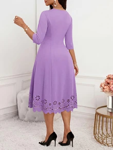SHEIN Lady 女士纯色圆领优雅收腰中长派对连衣裙 - 紫色 - 查看 2